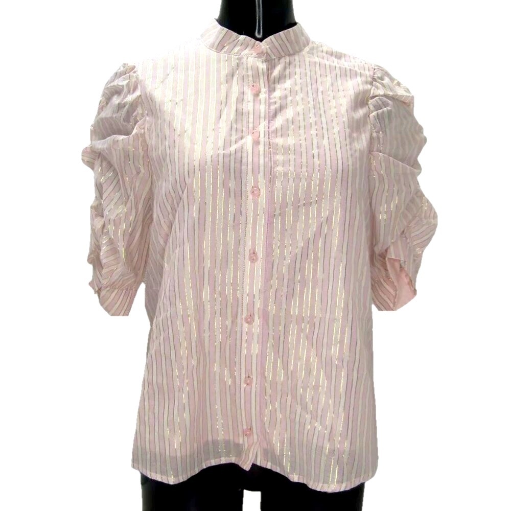NEW CIEBON Womens Top Shirt Pink Metallic Striped Puff Sleeves Button Size XS